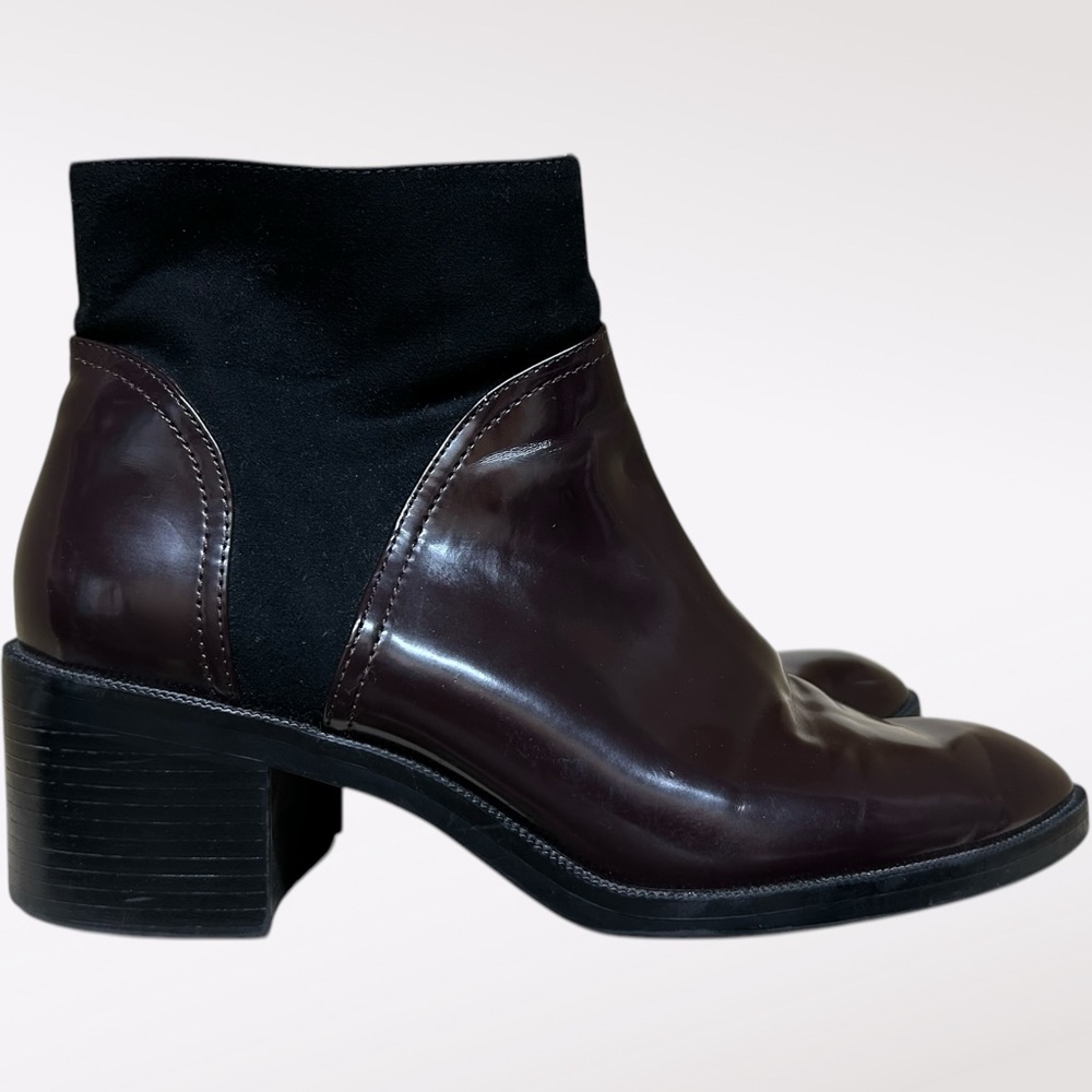 Zara Shoes Women Size 41 Leather Chelsea Ankle Boot Stack Heel Burgundy Brown